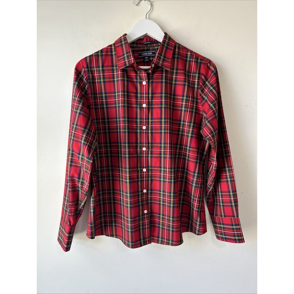 Lands' End Womens Sz 10P Red Long Sleeve Plaid Flannel Button Down Shirt Fall
